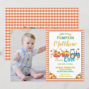 Pumpkin 1st Birthday Party Harvest Truck Boy Photo Invitation