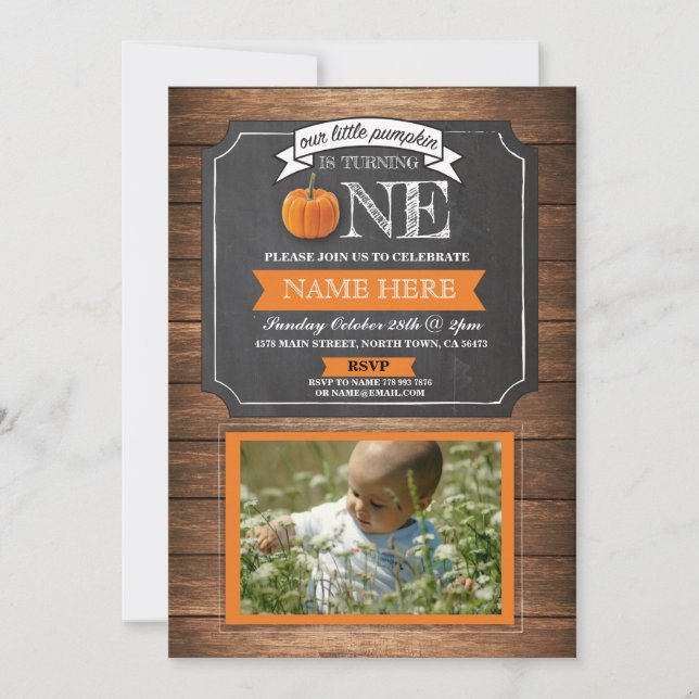 Pumpkin 1st First One Birthday Party Photo Invite (Front)
