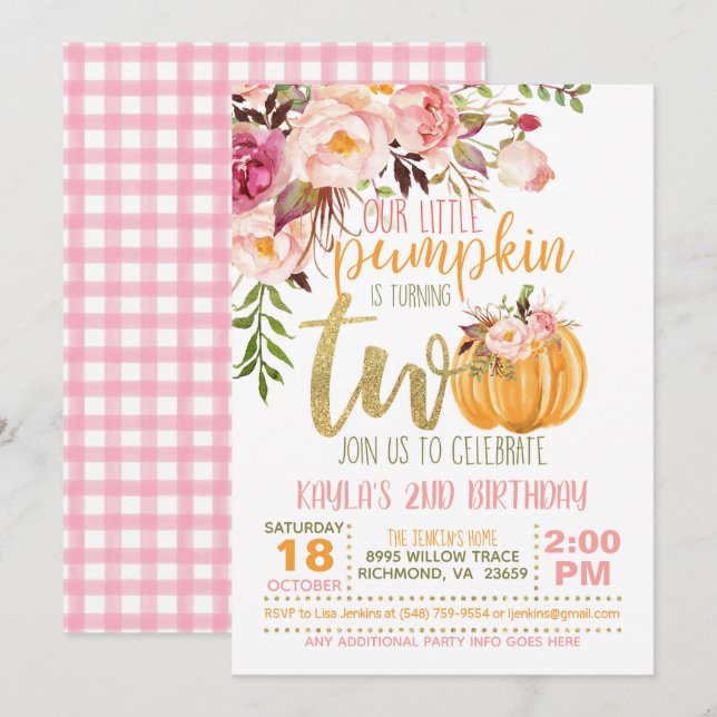 Pumpkin 2ND Birthday Invitation - Floral Plaid (Front/Back)