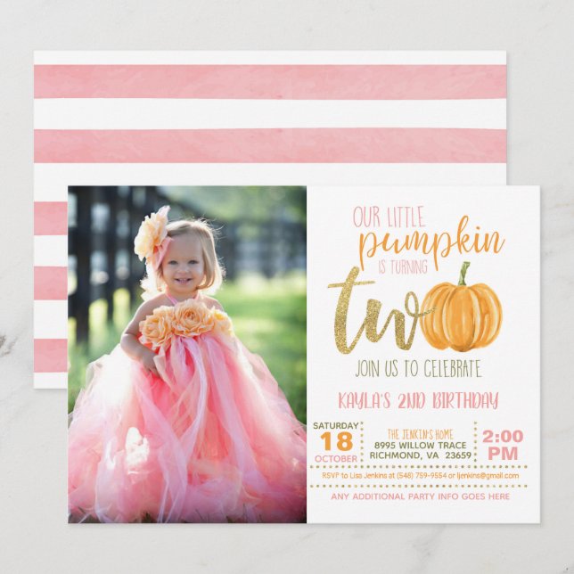 Pumpkin 2nd Birthday Invitation for Girl w/Photo (Front/Back)