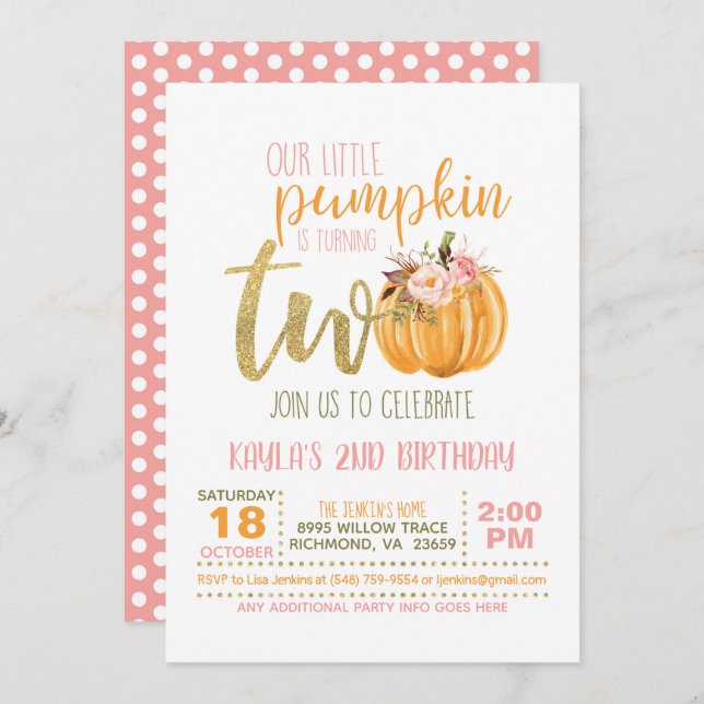 Pumpkin 2ND Birthday Invitation - Pink Dots (Front/Back)