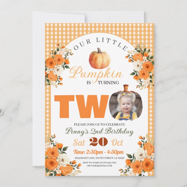 Pumpkin 2nd Birthday Little Pumpkin Autumn Fall Invitation (Front)