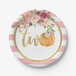 Pumpkin 2nd Birthday Paper Plate - Floral Stripes