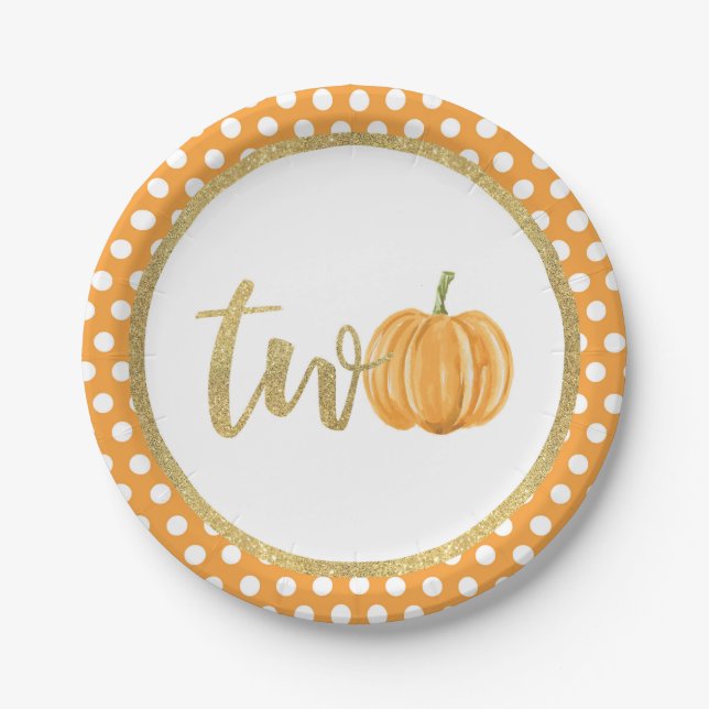 Pumpkin 2nd Birthday Paper Plate - Orange Dots (Front)