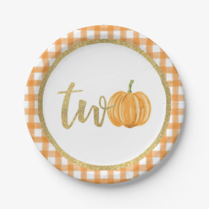 Pumpkin 2nd Birthday Paper Plate - Orange Plaid