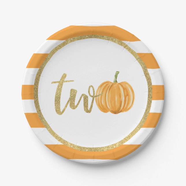 Pumpkin 2nd Birthday Paper Plate - Orange Stripes (Front)