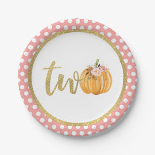 Pumpkin 2nd Birthday Paper Plate - Pink Polka Dots