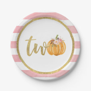 Pumpkin 2nd Birthday Paper Plate - Pink Stripes