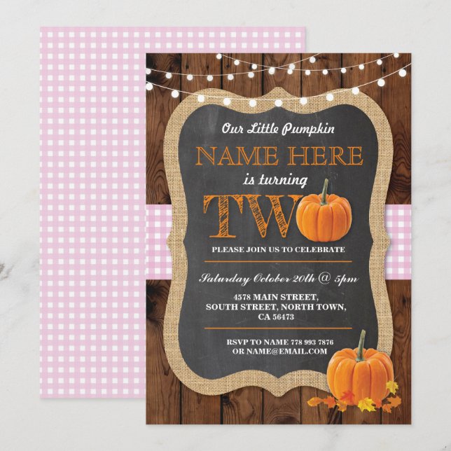 Pumpkin 2nd Birthday Party TWO Pink Girl Invite (Front/Back)