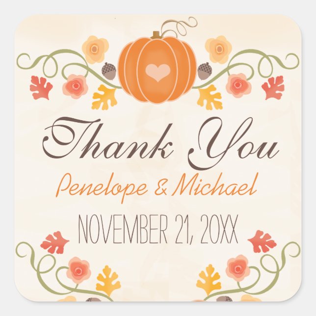 Pumpkin Acorn Floral Fall Wedding Thank You Square Sticker (Front)