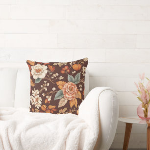 Pumpkin and Autumn Flowers Throw Pillow