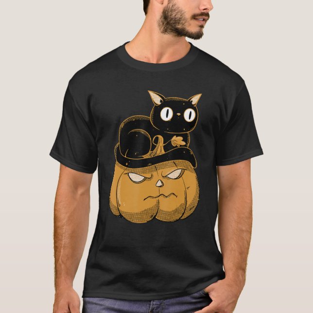 Pumpkin And Black Cat Halloween Kitty Costume T-Shirt (Front)