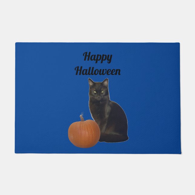 Pumpkin and Black Cat Happy Halloween Blue Doormat (Front)