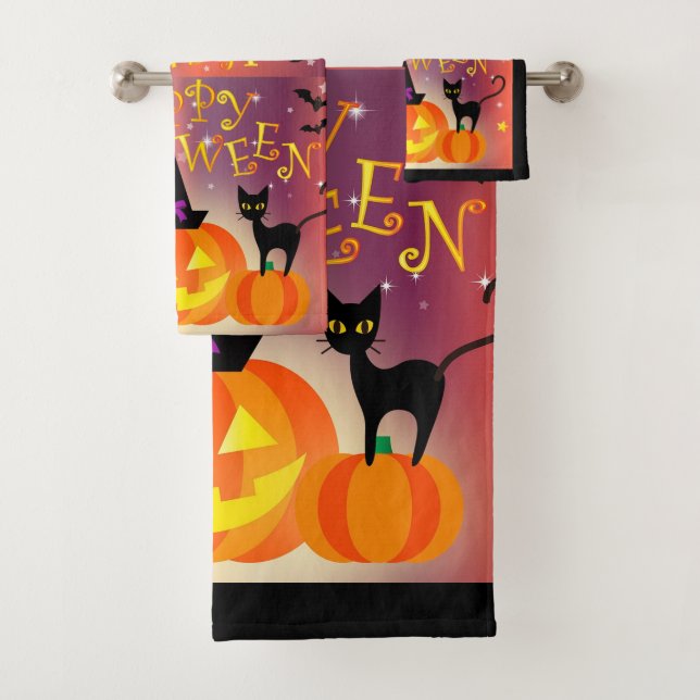 Pumpkin and Black Cats Bathroom Towel Set (Insitu)