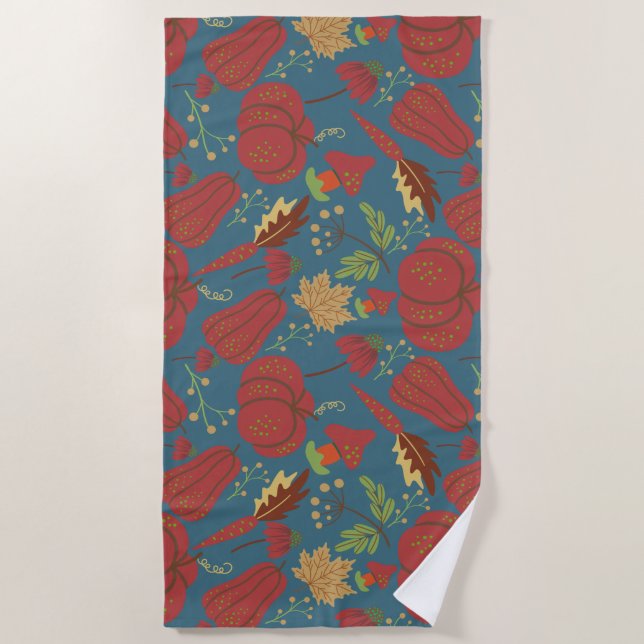 Pumpkin and carrot  seamless pattern red and blue beach towel (Front)