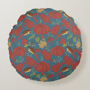 Pumpkin and carrot  seamless pattern red and blue round pillow