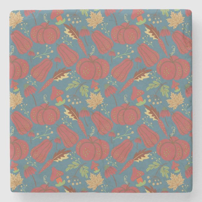 Pumpkin and carrot  seamless pattern red and blue stone coaster (Front)