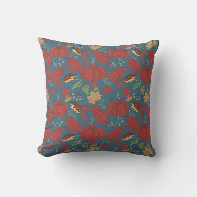 Pumpkin and carrot  seamless pattern red and blue throw pillow (Front)