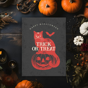 Pumpkin and Cat Black Trick or Treat Halloween Postcard