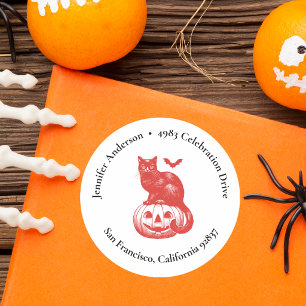 Pumpkin and Cat Orange Halloween Return Address Classic Round Sticker