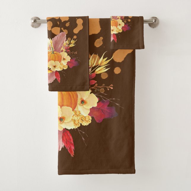 Pumpkin And Fall Flowers Bathroom Towel Set (Insitu)