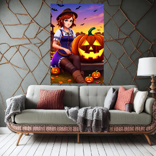 Pumpkin and lady with brown hat AI Art Poster