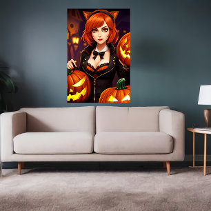 Pumpkin and lady with cat ears   AI Art Poster