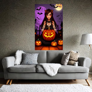 Pumpkin and lady with long hair AI Art Poster