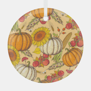 Pumpkin and Maple Leaves Pattern. Glass Ornament