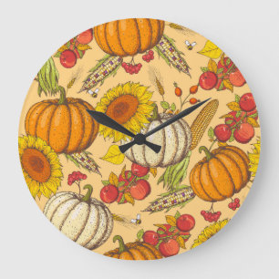 Pumpkin and Maple Leaves Pattern. Large Clock