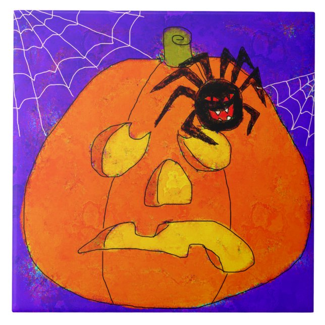 Pumpkin and Spider Abstract Halloween Art Tile (Front)