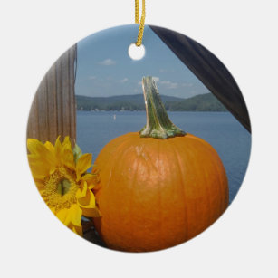 Pumpkin and Sunflower at the Lake Ceramic Ornament