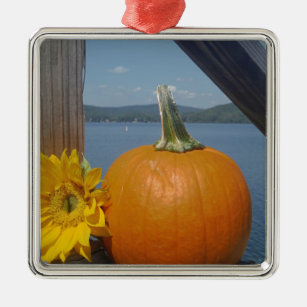 Pumpkin and Sunflower at the Lake Metal Ornament
