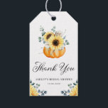 Pumpkin and Sunflower Bridal Shower Thank You Gift Tags<br><div class="desc">These custom bridal shower thank you tags feature a soft watercolor pumpkin surrounded by sunflowers, eucalyptus leaves, and cotton accents. The warm, fall-inspired design is perfect for autumn bridal showers with rustic, farmhouse, or boho themes. Personalize each tag with the bride’s name, shower date, or a short thank you message...</div>