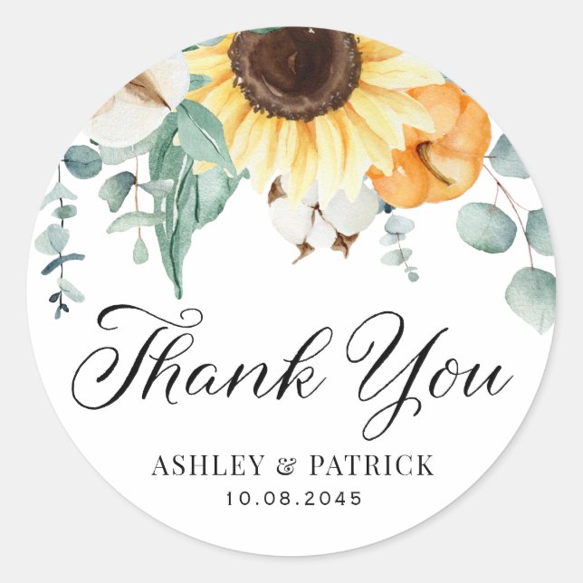 Pumpkin and Sunflower Fall Wedding Thank You Classic Round Sticker (Front)