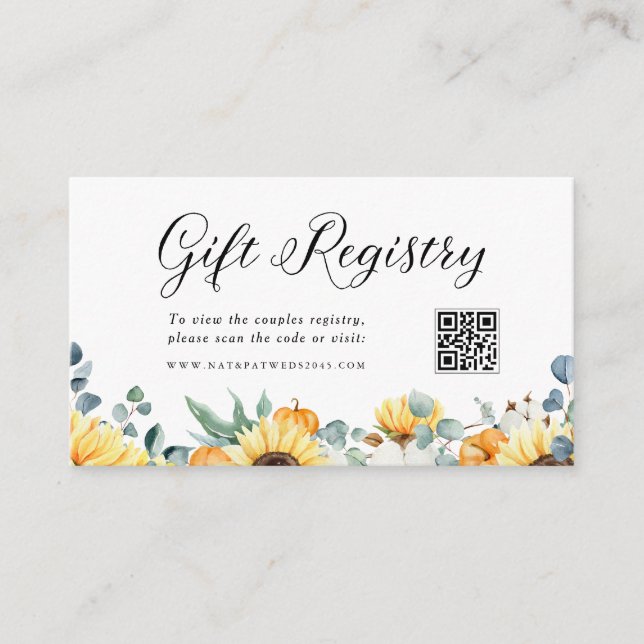 Pumpkin and Sunflower QR Code Wedding Registry Enclosure Card (Front)