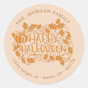 pumpkin and vine happy halloween return address classic round sticker