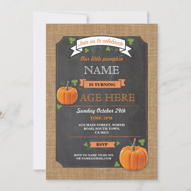 Pumpkin Any Age Birthday Party Boy Girl Invite (Front)