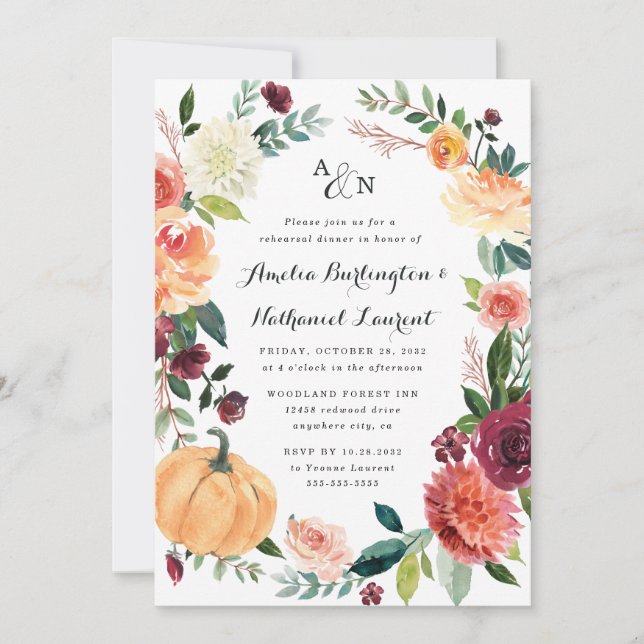 Pumpkin Autumn Chic Floral Rustic Rehearsal Dinner Invitation (Front)