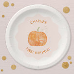 Pumpkin Autumn Fall First 1st Birthday Paper Plate<br><div class="desc">A watercolor pumpkin on a blush pink modern wavy background for an autumn fall first birthday party.  Change the text to customize.  Original art by Nic Squirrell.</div>