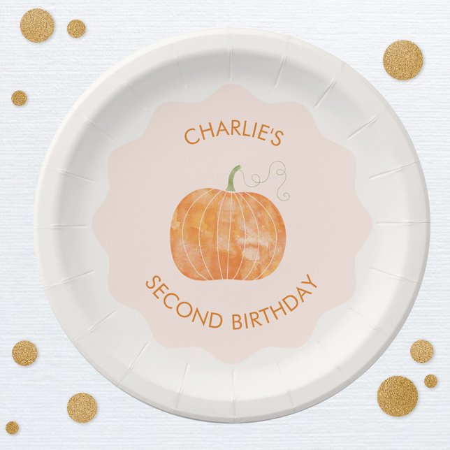 Pumpkin Autumn Fall Second 2nd Birthday Paper Plate (Little pumpkin personalized custom text second 2nd birthday party paper plates)