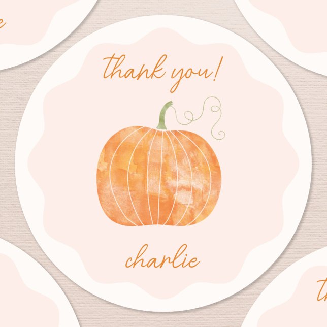 Pumpkin Autumn Fall Thank You Personalized Classic Round Sticker (Fun personalized watercolor pumpkin autumn fall thank you sticker)