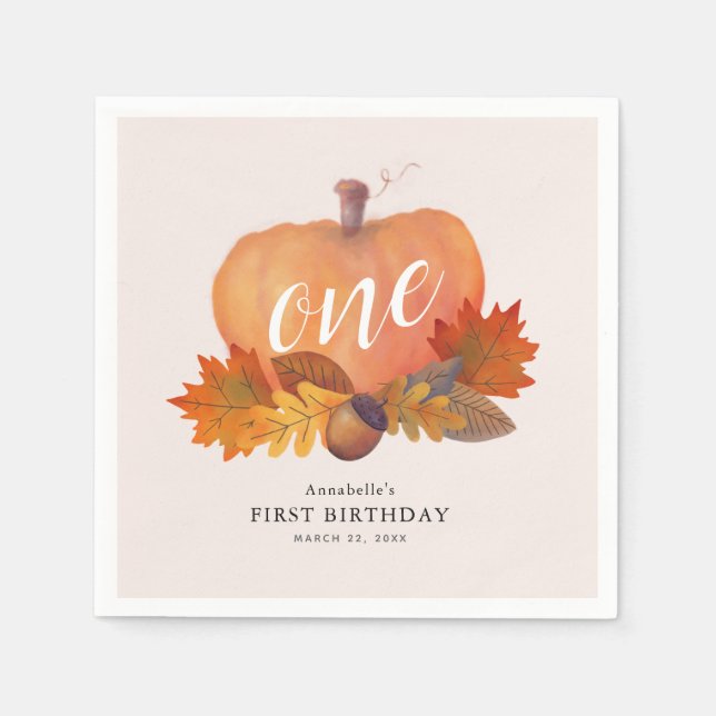 Pumpkin Autumn Leaves Pink Girl Birthday Paper Napkin (Front)