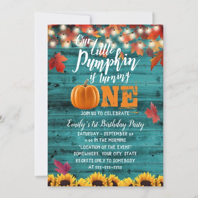 Pumpkin Autumn Leaves Teal Sunflower 1st Birthday Invitation (Front)