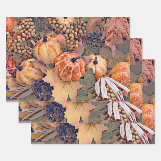 Pumpkin Autumn Orange Leaves Digital Painting Wrapping Paper Sheet (Set)