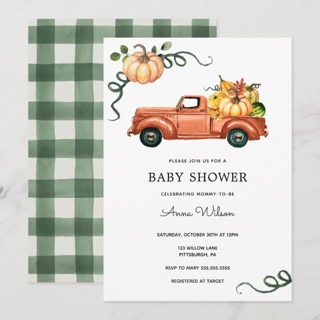 Pumpkin Autumn Truck Baby Shower Invitation (Front/Back)
