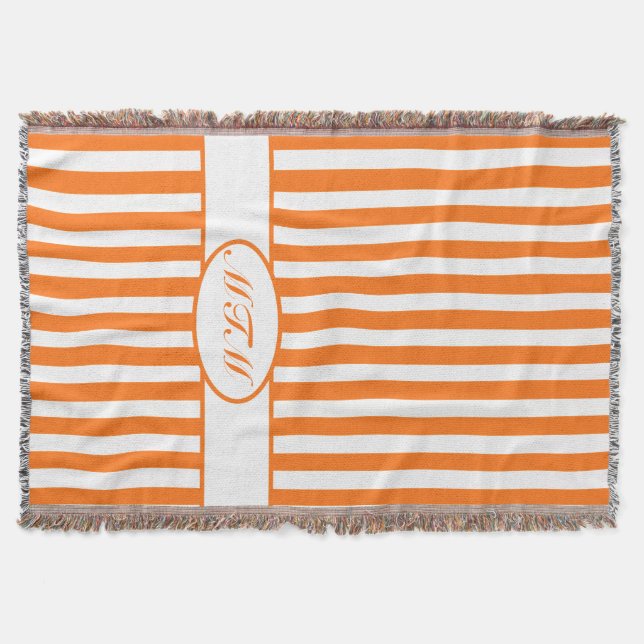 Pumpkin Autumnal Stripes with monogram Throw Blanket (Front)