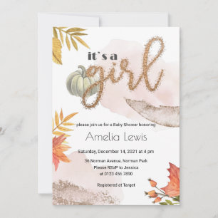 Pumpkin baby girl shower gold fall invitation