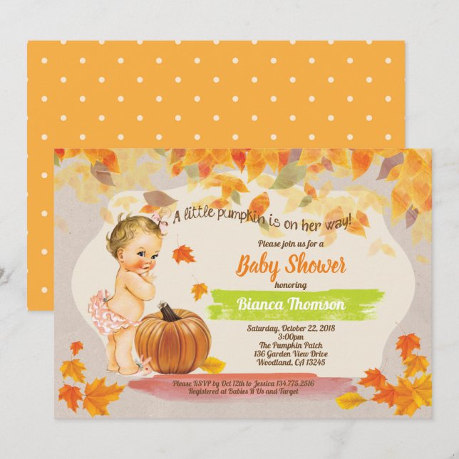 Pumpkin baby girl shower rustic vintage fall invitation (Front/Back)