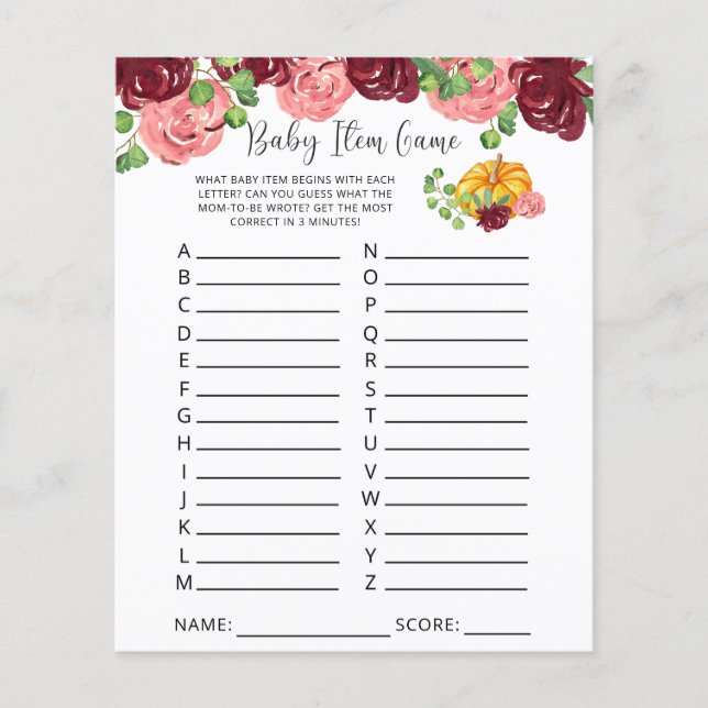 Pumpkin Baby Item Game. Baby Shower Game (Front)